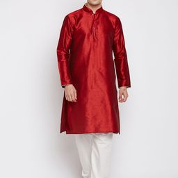 RG DESIGNERS Men Maroon & White Solid Kurta with Pyjamas-image-1