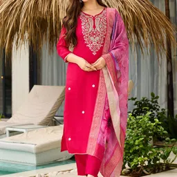 Brand Hill Floral Embroidered Thread Work Straight Kurta With Trousers & Dupatta-picture-18