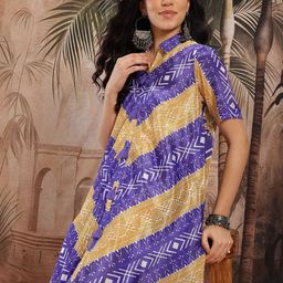 Sangria Ikat Printed Satin-Finish Shirt Collar Tasseled A-Line Kurta with Trousers-image-65