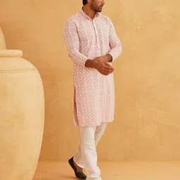 SOJANYA Men Ethnic Motifs Embroidered Regular Thread Work Pure Cotton Kurta with Churidar-11