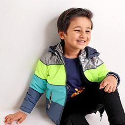 Babyhug Full Sleeves Color Block Hooded Jacket- Silver Neon Blue-picture-16