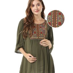 Bella Mama Woven Embroidered Yoke With Three Fourth Sleeves Maternity Top - Olive Green-28