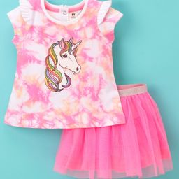 ToffyHouse Cap Sleeves Top & Skirt Set Unicorn Print - White & Medium Pink-picture-29
