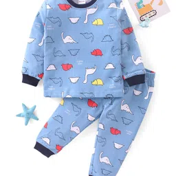 Kookie Kids Full Sleeves Winter Wear Night Suit Dino Print - Blue-picture-31