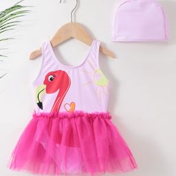 Babyhug Sleeveless Frock Swimsuit with Cap Flamingo Print - Pink-image-42