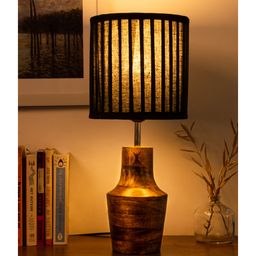 Green Girgit Wooden Firkin Lamp with Pleeted Cotton Black Shade-picture-2