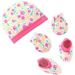 Babyhug 100% Cotton Knit Cap Mittens & Booties Set Floral Print- Multicolor-image-50