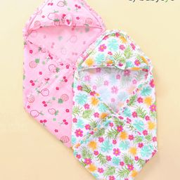 Babyoye  Eco Conscious 100% Cotton Organic  Hooded Towel & Wrappers Cherry Pineapple & Floral Print L 81 x B 81 cm - Pink & Yellow-image-33