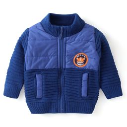 Babyhug Knitted Full Sleeves High Neck Front Open Sweater with Cable Knit Design & Tiger Patch Detailing - Blue-image-87