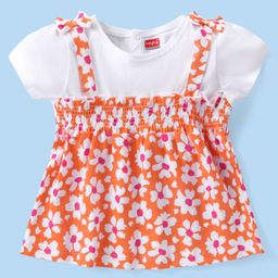 Babyhug Cotton Knit Half  Sleeves Overlap Top with Floral Print & Bow Detailing - White-image-19
