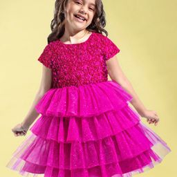 Babyhug Woven Half Sleeves Layered Party Dress with Floral Applique - Dark Pink-image-23