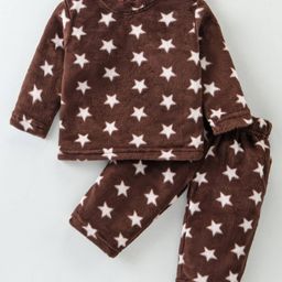 Kanvin Supersoft Extra Warm Velour Full Sleeves Winter Wear Night Suit With Star Print - Brown-image-8