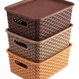 Kuber Industries Plastic Multipurpose Solitaire Storage Basket with LidSide Handles & Wovan DesignSize Pack of 3 Multi-CTLTC010896-23