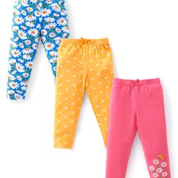 Babyhug Cotton Lycra Full Length Leggings Floral Print Pack of 3 - Pink Yellow & Blue-picture-9