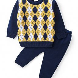 Babyhug Knitted Full Sleeves Sweater Set with Argyle Design - Navy Blue-picture-18