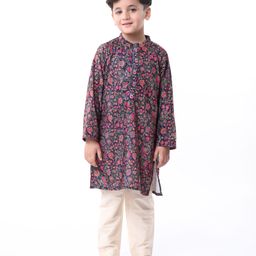 Babyhug Woven Full Sleeves Kurta Pyjama Set with Floral Print - Navy Blue-image-41