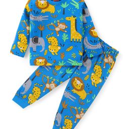 Babyhug Cotton Knit Full Sleeves Night Suit with Animal Print - Blue-image-90