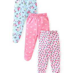 Babyhug Interlock Cotton Knit Bootie Leggings with Floral Print Pack of 3 - Pink & Aqua Blue-image-24