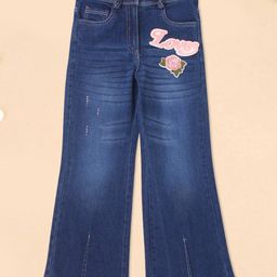 Cutecumber Denim Rose & Text Patch Detailed Washed Jeans - Blue-image-43