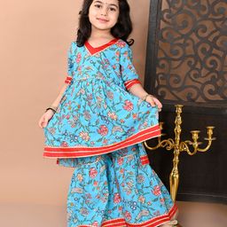 Superminis Cotton Half Sleeves Lace Embellished Floral Printed Kurta With Coordinating Sharara Set - Blue-image-75