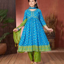 Aarika Three Fourth Sleeves Ethnic Motif Printed & Mirror Work Detailed Kurta With Pant & Dupatta Set - Blue-image-75