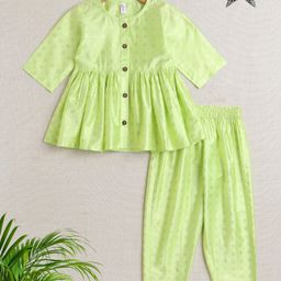 The Magic Wand Jacquard Three Fourth Sleeves Floral Foil Printed Kurta & Coordinating Salwar Set - Green-image-34