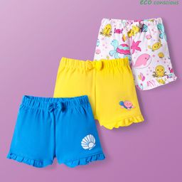 Babyoye Eco Conscious 100% Cotton Interlock Knit Eco Jiva Finish Shorts with Sea Life Print & Bow Applique Pack of 3 - White Blue & Yellow-image-16
