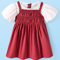 Babyhug Cotton Woven Half Puffed Sleeves Solid Colour Frock - Maroon-image-97