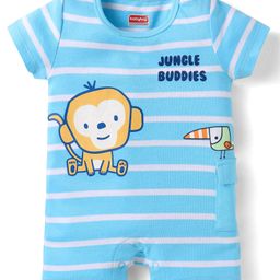 Babyhug 100% Cotton Knit Half Sleeves Romper with Stripes Monkey Print - Light Blue-image-20