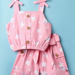 Dew Drops Poplin Woven Sleeveless Top & Shorts Co-Ord Set With Floral Print & Belt - Pink-image-122