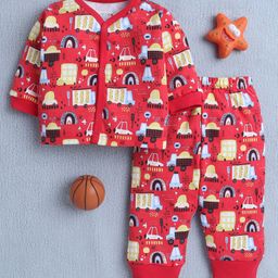 BUMZEE Cotton Knit Full Sleeves Vehicle Printed Jabla & Coordinating Pajama Set - Red-image-35