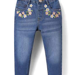 Babyhug Full Length Washed Denim Jeans withStretch & Floral Embroidery - Blue-picture-1