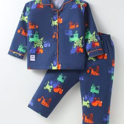 Enfance Core Full Sleeves Construction Vehicles Printed Coordinating Night Suit- Navy-image-80