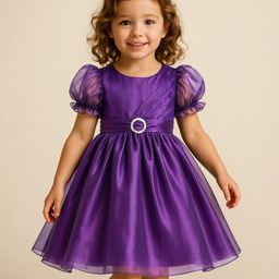 Babyhug Woven Half Puffed Sleeves Pleated Solid Color Dress with Mock Belt Design - Purple-image-83