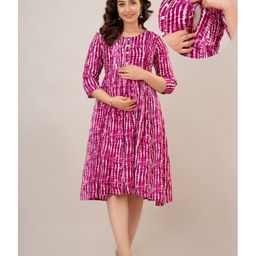 CeleBravo Rayon Three Fourth Sleeves Tie Dye Maternity Dress With Nursing Access - Purple-image-77
