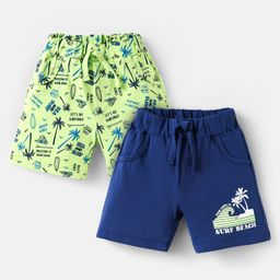 Doodle Poodle 100% Cotton Knit Knee Length Shorts With Tropical Theme Print Pack Of 2 - Navy Blue & Light Green-10