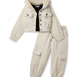 OLLINGTON ST.Waffle Knit Full Sleeves Hoodie Sweatshirt & Joggers With Inner Top - White & Black-image-47