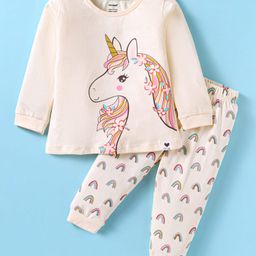 CUCUMBER Sinker Knit Full Sleeves Night Suit with Unicorn Print - Cream-image-82