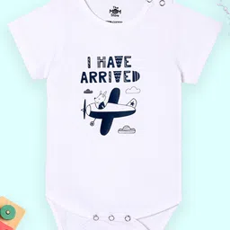 The Mom Store Cotton Knit Half Sleeves I Have Arrived Text & Aeroplane Printed Onesie - White-picture-13