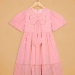 Budding Bees Gerorgette Woven Half Flutter Sleeves Swiss Dot Designed Bow Applique Detailed Drop Waist Dress - Peach-image-70