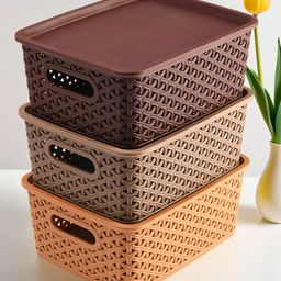 Kuber Industries Plastic Multipurpose Solitaire Storage Basket with LidSide Handles & Wovan DesignSize Pack of 3 Multi-CTLTC010896 image 2