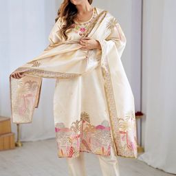 KALINI Floral Printed Thread Work Straght Kurta With Trousers & Dupatta image 4