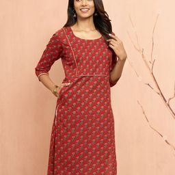 VASTRAMAY Floral Printed Round Neck Pure Cotton Straight Kurta-image-82
