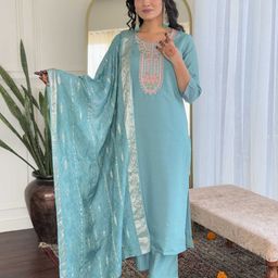 KALINI Floral Yoke Design Thread Work Chanderi Silk Kurta With Trousers And Dupatta-picture-8