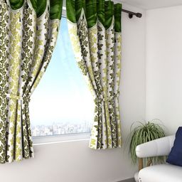 Cortina Off-White & Green Set of 2 Fancy Valance Floral Printed Window Curtains-15