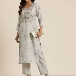 HERE&NOW Women Floral Embroidered Regular Sequinned Kurta with Trousers-image-9