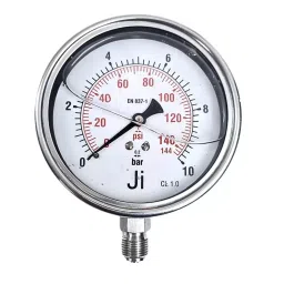 Japsin Instrumentation Economical Glycerin Filled Pressure Gauge 0 to 10 Bar Range 100 mm (4 inch) Dial Size, JIPL-EPG-100MM-B26-13