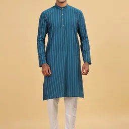 Anouk Blue Striped Mandarin Collar Cotton Kurta-image-11