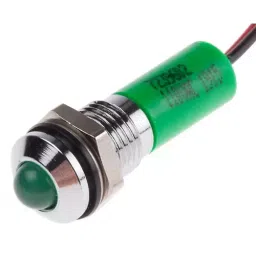 RS PRO Green Panel Mount Indicator 110V AC, Mounting Hole Size 8 mm, Termination Type Lead Wires, IP Rating IP67, Model No 7239602-25