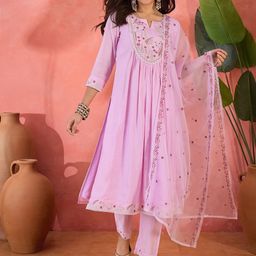 Sangria Zari Floral Embroidered Notch Neck A-Line Kurta With Trousers & Dupatta-image-55